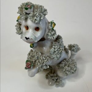 Vintage Wales Spaghetti Gray White Poodle Roses Figurine 1950's